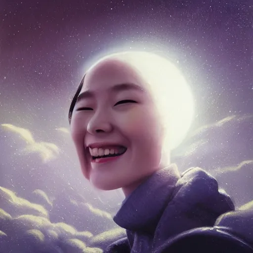 Prompt: 3 d, sci - fi, close - up, night, moon, moon rays, fashion model smiling face, cinematic, clouds, vogue cover style, realistic painting, intricate oil painting, high detail illustration, figurative art, multiple exposure, poster art, 3 d, by tooth wu and wlop and beeple and greg rutkowski