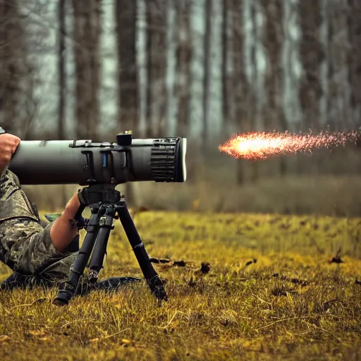 Image similar to a rocket launcher explosive deer military animal beast, huge, powerful, rocket, launcher, scary, anger, rage, canon eos c 3 0 0, ƒ 1. 8, 3 5 mm