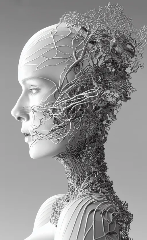 Prompt: complex 3d render of a beautiful profile woman face, vegetal dragon cyborg, 150 mm, beautiful natural soft light, rim light, silver details, magnolia stems, roots, fine lace, maze like, mandelbot fractal, anatomical, facial muscles, cable wires, microchip, elegant, highly detailed, white metallic armour, smoke vapour tornado, octane render, black and white, H.R. Giger style