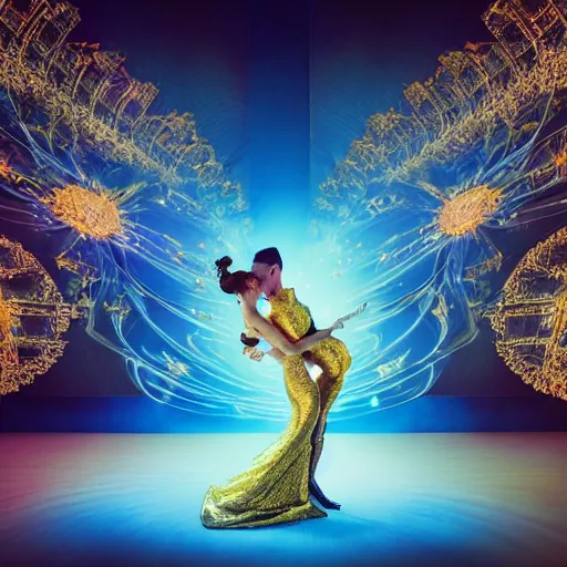 Prompt: Two ballroom dancers dissolving into an explosion of particles, half body shot, waist up, oil spill, neon blue color scheme and lighting, 3d octane render, insanely detailed and intricate, super detailed, fluid sim, golden ratio, ornate, luxury, elite, mark ryden, realistic 3D, hyper realistic