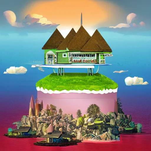 Image similar to a picture of a floating island with a house on it, an album cover by Justin Currie, polycount, plasticien, made of plastic, concert poster, made of trash