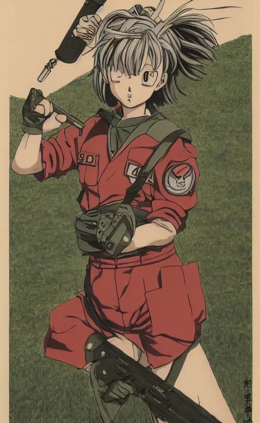 Image similar to manga, monochromatic, toriyama akira, portrait of soldier girl indicating a direction with her arm