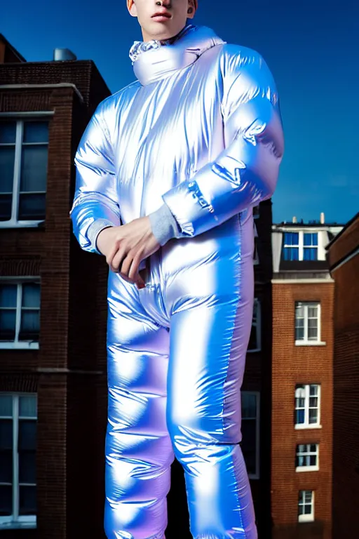 Image similar to un ultra high definition studio quality photographic art portrait of a young man standing on the rooftop of a british apartment building wearing soft baggy inflatable padded silver iridescent pearlescent clothing. three point light. extremely detailed. golden ratio, ray tracing, volumetric light, shallow depth of field. set dressed.