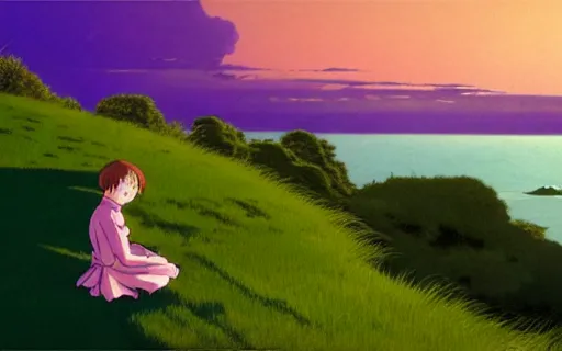 Prompt: a girl sitting on a grassy cliff watching a purple sunset, wide shot, art by hayao miyazaki, studio ghibli film, hi res, 4k
