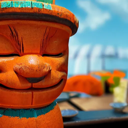 Image similar to a closeup photorealistic photograph of an orange cat garfield style tiki mug sitting at a trader vic's bar featuring garfield's face. tiki party. bright scene. fine detail. this 4 k hd image is trending on artstation, featured on behance, well - rendered, extra crisp, features intricate detail, epic composition and the style of unreal engine.