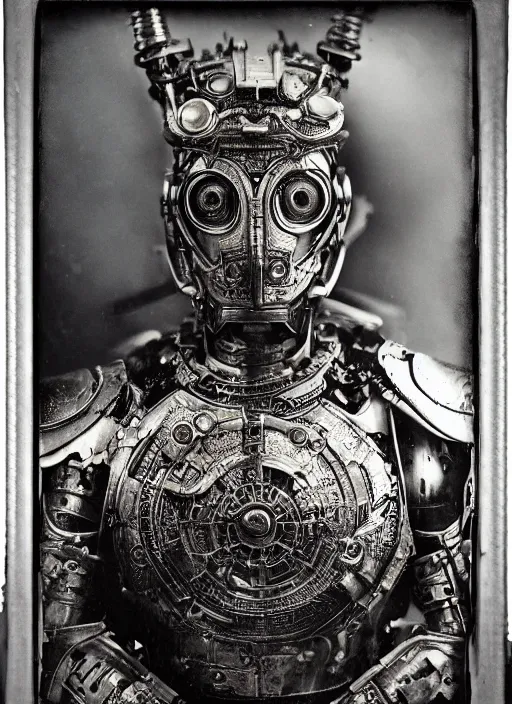 Image similar to old wetplate daguerreotype frame portrait of a futuristic silver armored samurai emperor district 9 cyborg, fractal, intricate, elegant, highly detailed, subsurface scattering, by jheronimus bosch and greg rutkowski and louis jacques mande daguerre
