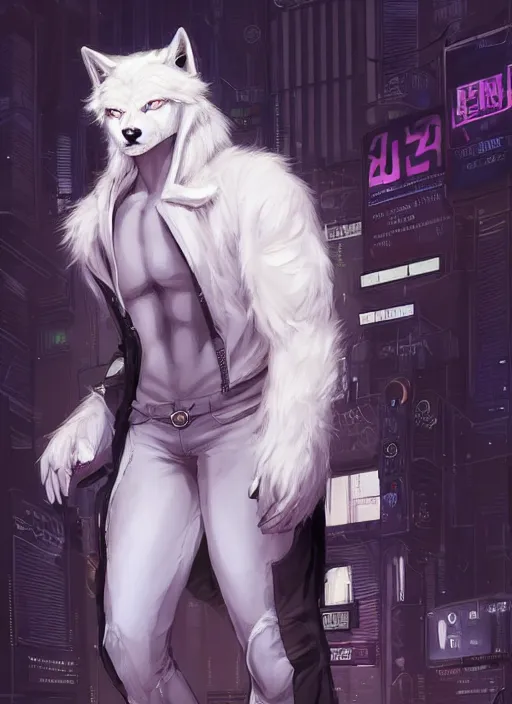 Image similar to award winning beautiful portrait commission art of a muscular male furry anthro albino wolf fursona with a tail and a cute beautiful attractive detailed furry face wearing black stylish cyberpunk pants and boots in a cyberpunk city at night while it rains. Character design by charlie bowater, ross tran, artgerm, and makoto shinkai, detailed, inked, western comic book art