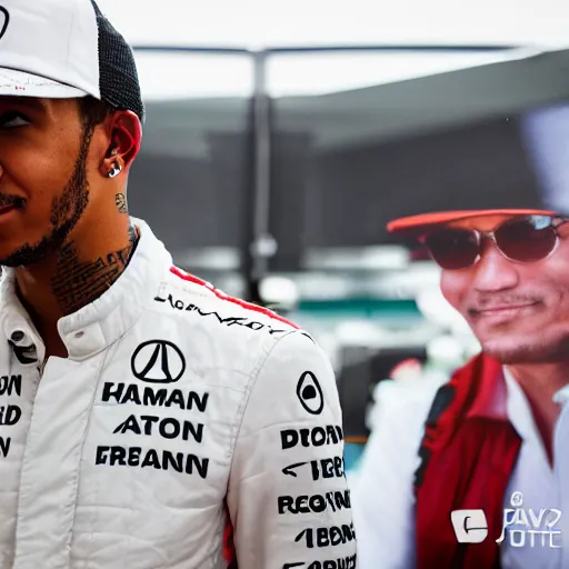 Prompt: closeup portrait of Lewis Hamilton at the formula 1 starting grid, by Steve McCurry and David Lazar, natural light, detailed face, CANON Eos C300, ƒ1.8, 35mm, 8K, medium-format print