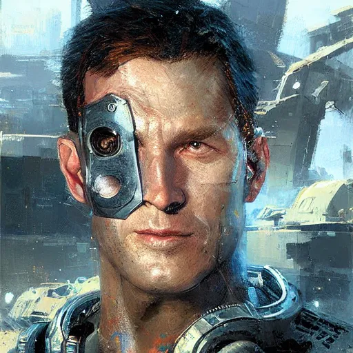 Prompt: heroic (((man))) cyborg, sci fi portrait by craig mullins