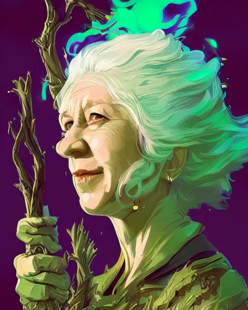 Image similar to a white-haired witch holding a gnarled staff, helen mirren, wisdom of the ages, glowing iridescent accents, digital apex legends illustration portrait, gorgeous lighting, wide angle action dynamic portrait, art by Josan Gonzalez, bright colors, green and gold palette, high contrast