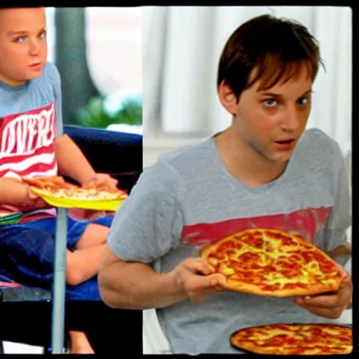 Image similar to tobey maguire eating all of the pizza, gross, disgusting, messy, annoyed, greasy, wet