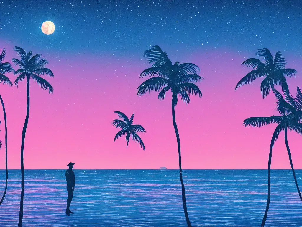 Prompt: cop on a summer night miami beach, city on the background, palm trees, footprints in the sand, full moon reflected in the calm ocean, starry sky, 8 k, ultra detailed, trending on artstation, digital painting, synthwave and retrowave style, pink color scheme