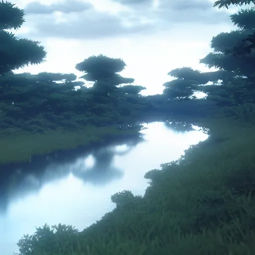 Prompt: a small river going down the forest but it is on the end of evangelion, cinematic pose, 8 k