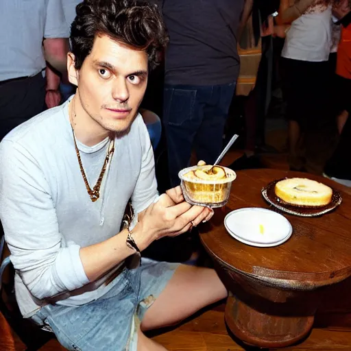 Prompt: john mayer eating a creme brulee with bananas