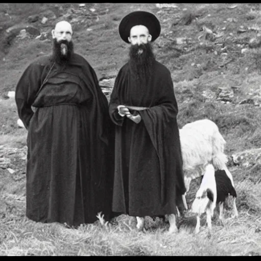 Image similar to photo of breton monks looking like rasputin, with a goat