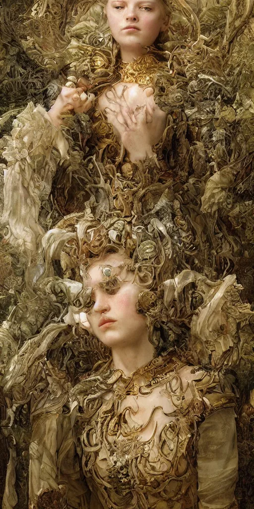 Image similar to masterpiece veracious pertinence salve Reginae, masterpiece by Edgar Maxence and Ross Tran and Michael Whelan and Caravaggio artistic, intricate drawing, realistic fantasy, extremely detailed and beautiful aesthetic celtic face, establishing shot, 8k resolution, dramatic lighting,
