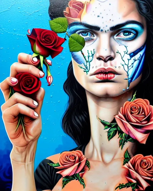 Prompt: split faced person holding pistol and roses in a deep sea with intricate details by Sandra Chevrier with half image