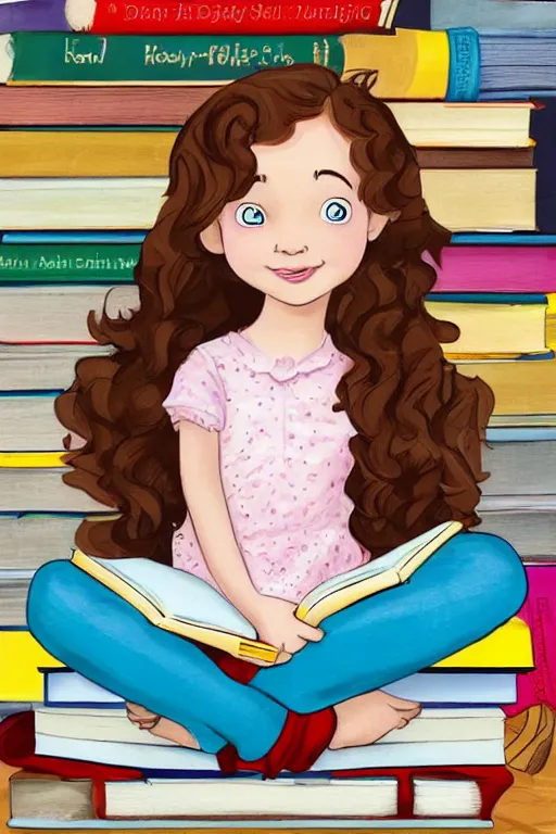Prompt: a cute little girl with short curly brown hair and blue eyes sits cross legged on top of a tall pile of books. she is reading. clean pretty cartoon by disney, beautiful detailed face.