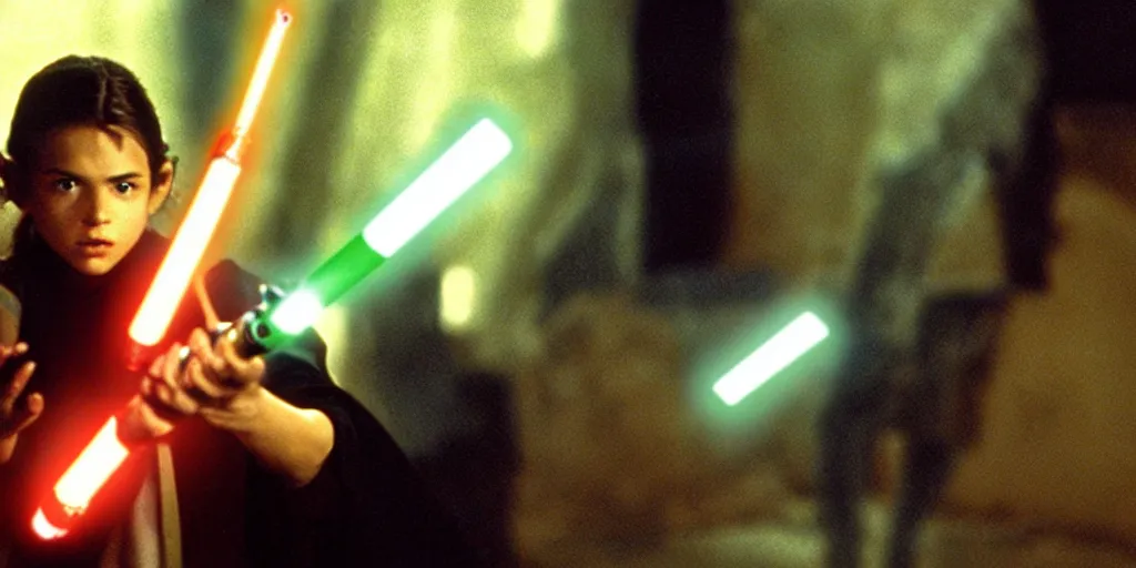 Image similar to a full color still of a teen brunette Jedi padawan holding a lightsaber hilt during a sci-fi battle, cinematic lighting, 1999, directed by Steven Spielberg, 35mm