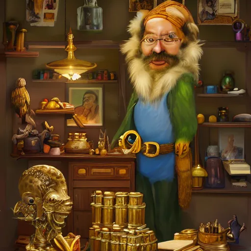 Prompt: A Anthropomorphized parrot trader in his shop, selling his wares, portrait, items, gold, carpet, window, sly expression, cunning expression, presenting wares, holding a gold bag, D&D, fantasy, intricate, cinematic lighting, highly detailed, digital painting, trending on artstation, concept art, smooth, sharp focus, illustration, warm light, cozy warm tint, magic the gathering artwork, volumetric lighting, 8k, art by Akihiko Yoshida, Greg Rutkowski