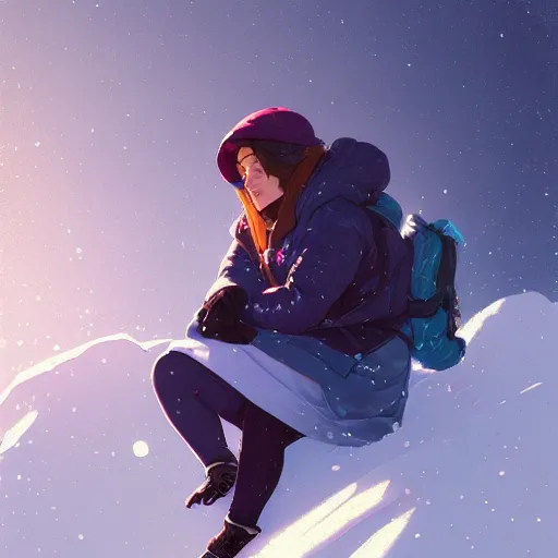 Image similar to portrait of madeline from celeste climbing a snowy mountain, bubble jacket, highly detailed, digital painting, artstation, concept art, sharp focus, illustration, art by greg rutkowski and alphonse mucha