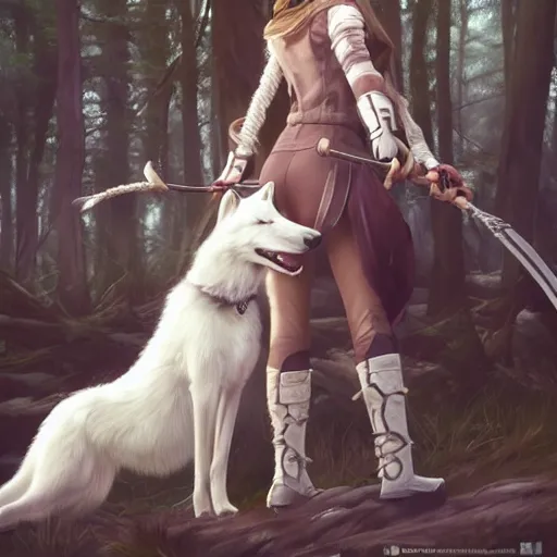 Image similar to a huntress and her pet white wolf in the forest, made by Stanley Artgerm Lau, WLOP, Rossdraws, ArtStation, CGSociety, concept art, cgsociety, octane render, trending on artstation, artstationHD, artstationHQ, unreal engine, 4k, 8k,