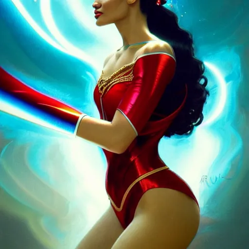 Prompt: pia wurtzbach as darna, volumetric lights, red and cyan theme, art nouveau botanicals, intricate, highly detailed, digital painting, artstation, concept art, smooth, sharp focus, cinematic, illustration, beautiful face, art by artgerm and greg rutkowski and alphonse mucha