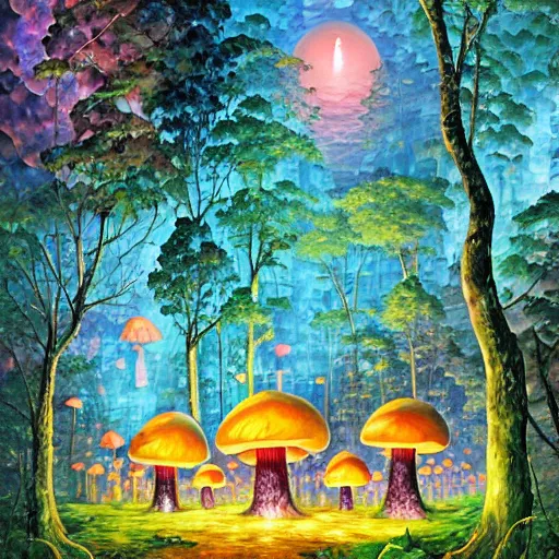 Image similar to glowing mushroom houses in a forest village, mushroom architecture, art by ricardo bofill, james christensen, rob gonsalves, paul lehr, leonid afremov and tim white