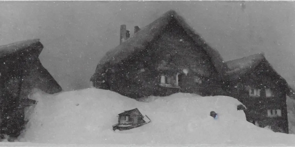 Image similar to 1 9 2 0 s photography of hut in the alps being submerged in snow, krampus hay monster crawling out of it