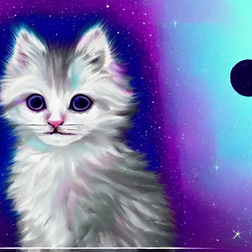 Prompt: cute fluffy kitten with purple cyan and white tabby fur and big eyes with night sky background detailed painting 4k