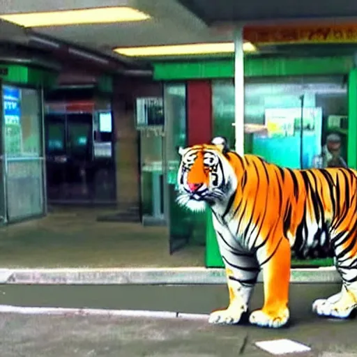 Prompt: CCTV footage of a tiger at 711