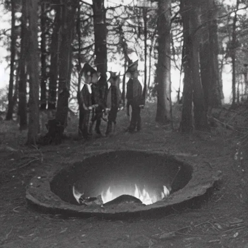 Image similar to a photo of in the dark in the forrest. 4 tall men with long pointed hats stand surrounding a small fire in a circular hole. a frightened boy is watching from the shadows.