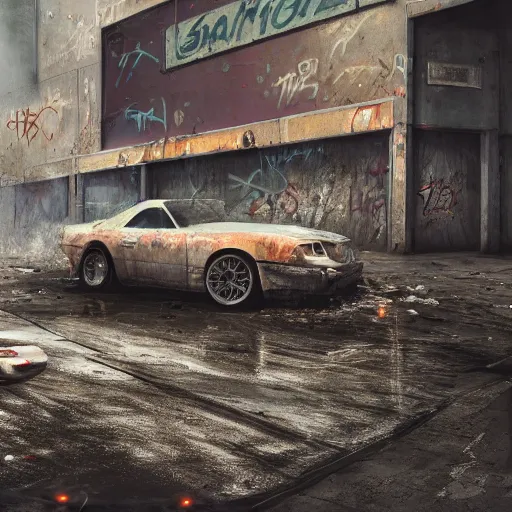 Image similar to hyper detailed and photorealistic, a number of car, dust, humus, wet street, graffiti on wall, trash scattered everywhere, abandoned car garage, 8 k, uhd, after rain, cinematic lighting, incrinate