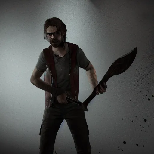 Prompt: jack baker from resident evil 7 ( 2 0 1 7 ) wielding axe, cinematic lighting, eerie atmosphere, re engine render, photorealistic face