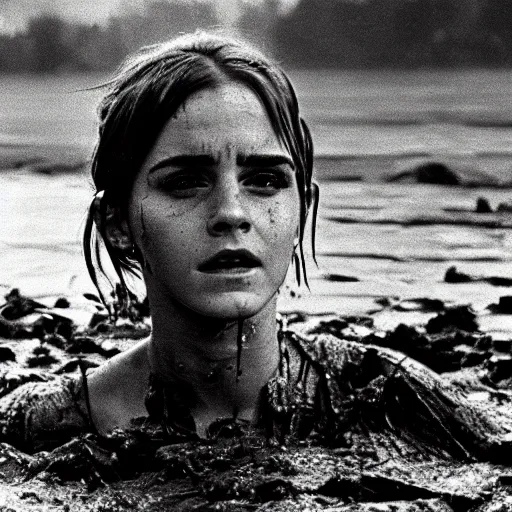 Image similar to film still, close up, emma watson rising out of muddy vietnam river, face covered in mud, low camera angle at water level, night time, film still from apocalypse now ( 1 9 7 9 ), 2 6 mm