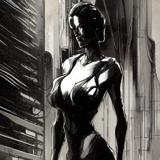 Prompt: concept art character, very high angle view, book cover, very attractive woman with full lips, slender figure, , walking in cyberpunk valley highly detailed full body, royalty, smooth, sharp focus, organic, appealing, book cover, deep shadows, by Dave McKean sketch lineart for character design, extremely fine inking lines