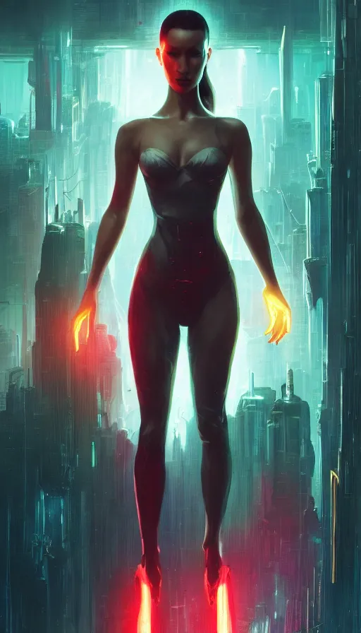 Image similar to altered carbon, young bella hadid, sweaty, tech, warhammer, neon, lord of the rings, intricate, surrealistic, story, highly detailed, digital painting, artstation, concept art, smooth, sharp focus, illustration, unreal engine 5, 8 k, art by artgerm and greg rutkowski and alphonse mucha