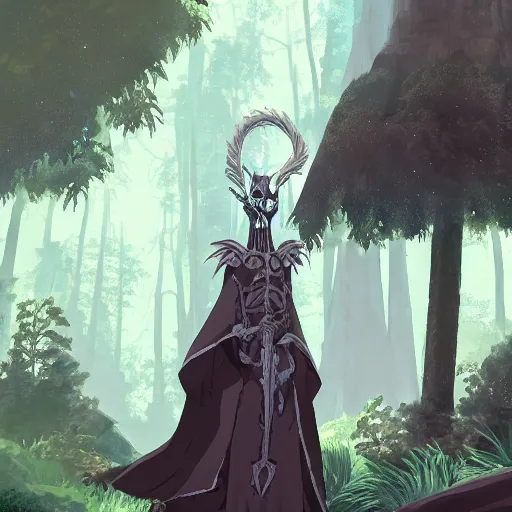 Image similar to concept art painting of an anthropomorphic dragon king with black robes, a long neck, and skull mask, in a deep forest, cel shaded, in the style of makoto shinkai and james gurney and studio ghibli and moebius