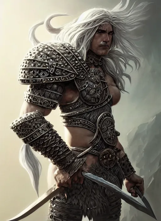 Image similar to barbarian, plated armor!!! long wild white hair!! covered chest!!! fantasy, d & d, intricate ornate details, digital painting, pretty face!!, symmetry, concept art, sharp focus, illustration, art by artgerm! greg rutkowski magali villeneuve wlop! ilya kuvshinov!!, octane render