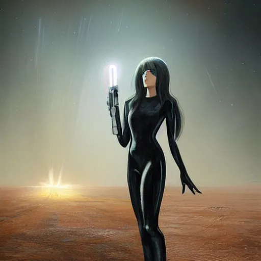 Image similar to pleiadian woman with big eyes and long silver hair wearing a dark body suit and holding a plasma gun standing in barren fields, portrait art by greg rutkowski