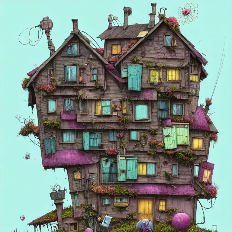 Image similar to house by alibaba, art by gediminas pranckevicius, geof darrow, dark shadows, hard lighting, floralpunk, inking, etching, screen print, masterpiece, trending on artstation, sharp, pastel high contrast hd, 8 k hyper detailed