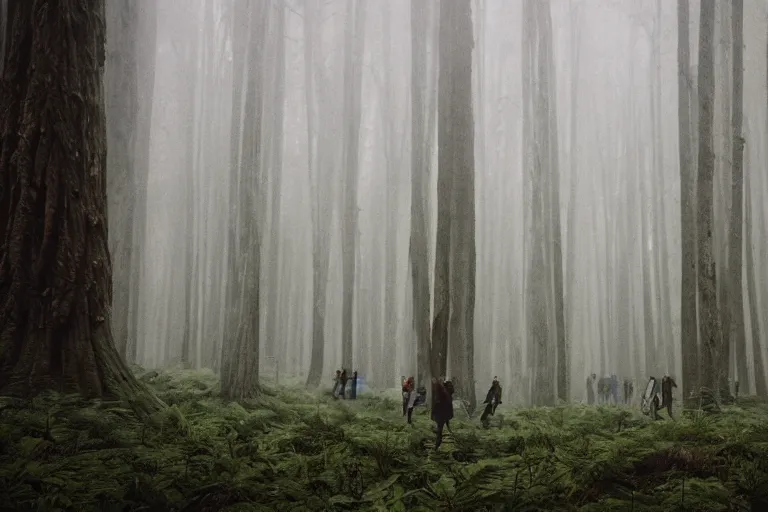 Image similar to a giants perspective of tourists taking a photo of it, lush forest, foggy, cinematic shot, photo still from movie by denis villeneuve