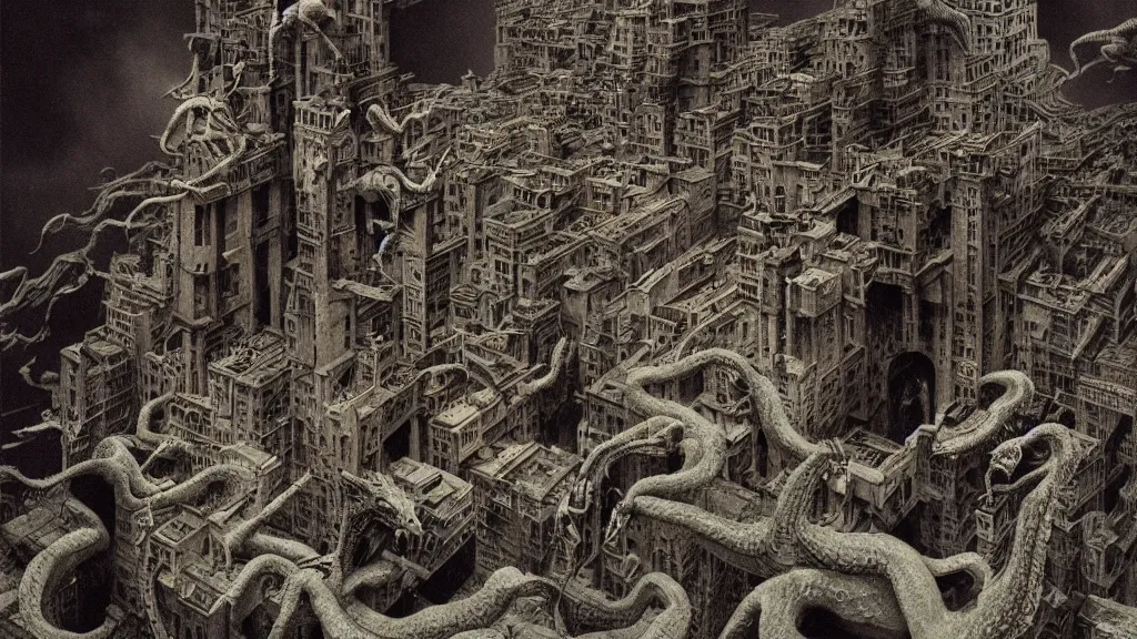 Prompt: dragon in the city of time by Zdzisław Beksiński, hyper detailed film still, cinematic
