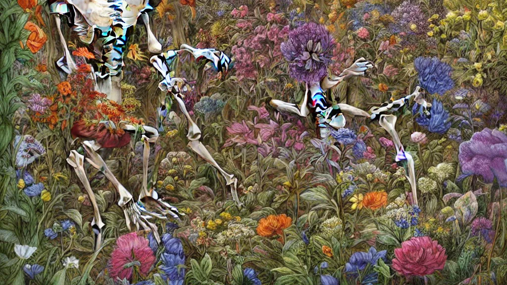 Image similar to highly detailed illustration all the known species of flowers growing from a human skeleton, by juan gatti!!, by gottfried bammes, by george bridgman, by moebius!, by oliver vernon, by joseph moncada, by damon soule, by manabu ikeda, by kyle hotz, by dan mumford, by kilian eng