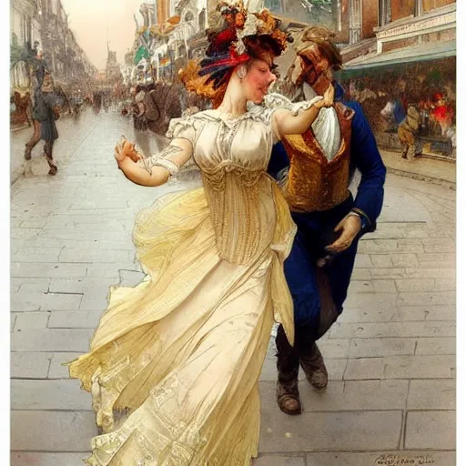 Image similar to a beautifull intricate watercolour painting of a dancing balerinas in the victorian street, reflexions, verry high details by william turner art, greg rutkowski and alphonse mucha, trending on artstation, very very detailed, masterpiece, muted colors