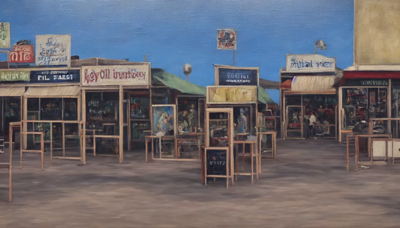 Prompt: oil painting of empty outside town fair, counters, no people, sad, melancholic, depressing, very detailed, emotional, 4 k