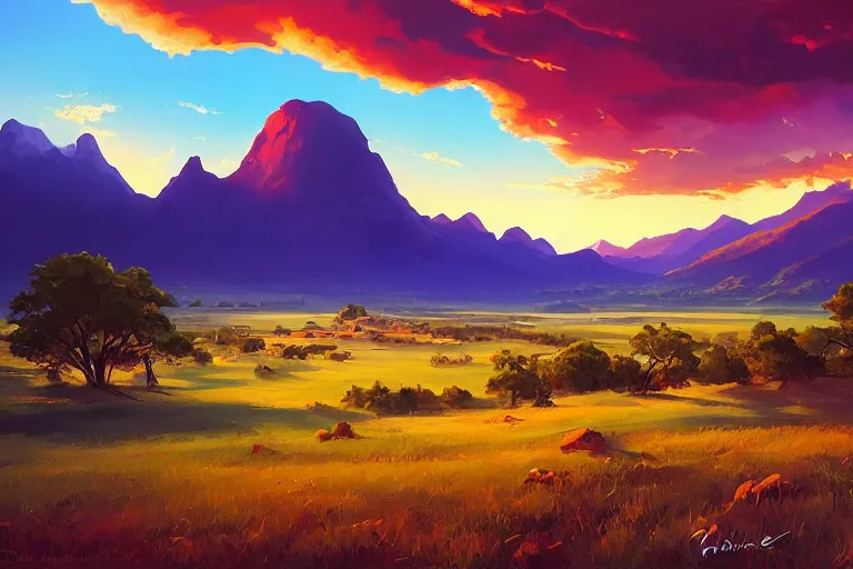 Image similar to a beautiful nature landscape with clouds, mountains, in background, sunset, by rhads