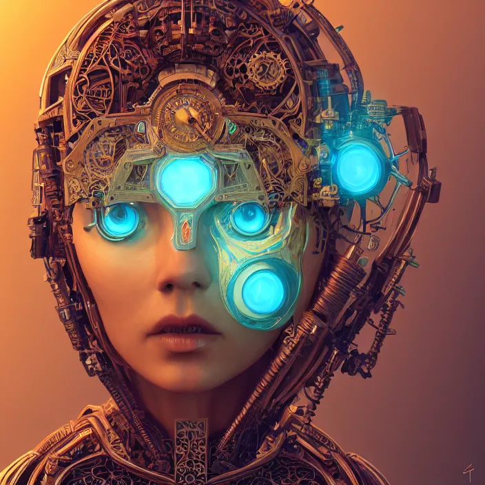 Image similar to beautiful symmetrical face portrait android woman time machine axonometric mechanical fantasy intricate elegant highly detailed in volumetric void of latent space lush flowers intricate jewellery, realm of the gods golden turquoise steampunk, axonometric high contrast cinematic light, mystical shadows, digital painting, sharp focus, octane render, photographic, concept art, artist leonardo davinci, unreal engine 8 k