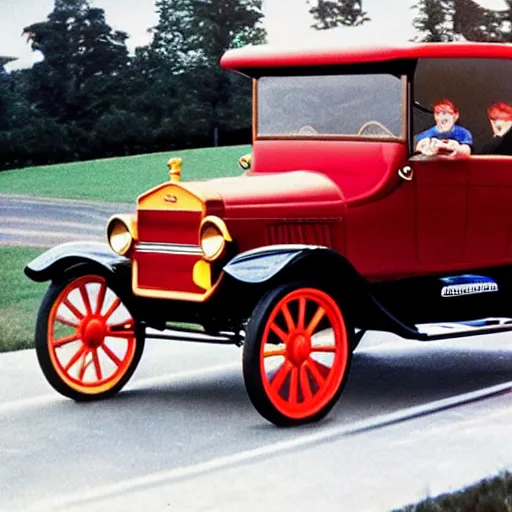 Image similar to Archie Andrews driving a red Ford Model T