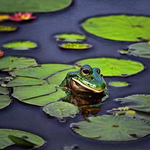 Prompt: dark clouds, close - up of a scared!!! frog in the pond with water lilies, shallow depth of field, highly detailed, autumn, rain, bad weather, ominous, digital art, masterpiece, matte painting, sharp focus, matte painting, by isaac levitan, asher brown durand,